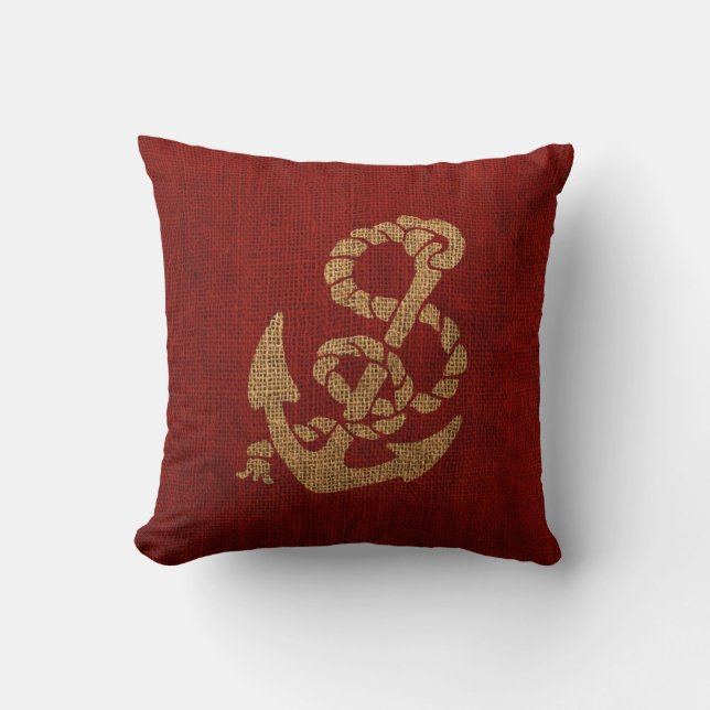 Nautical Anchor and Rope in Rustic Red Cushion (Front)