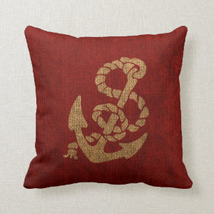 Nautical Anchor and Rope in Rustic Red Cushion