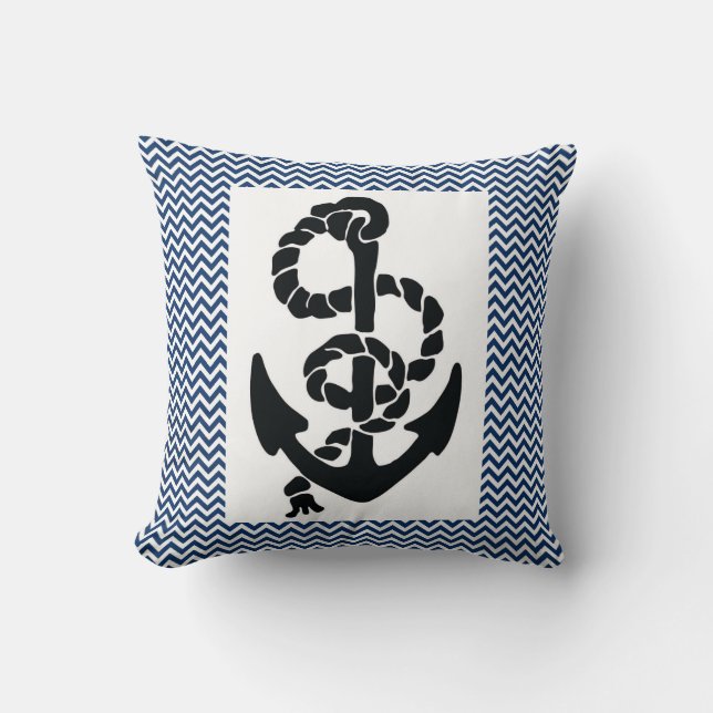 NAUTICAL /ANCHOR AND ROPE,NAVY BLUE WHITE CHEVRONS CUSHION (Front)
