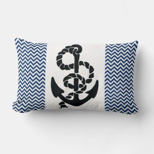 NAUTICAL /ANCHOR AND ROPE,NAVY BLUE WHITE CHEVRONS LUMBAR CUSHION