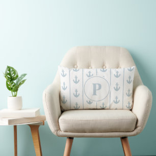 Nautical Anchor and Rope Stripes Monogram Lumbar Cushion