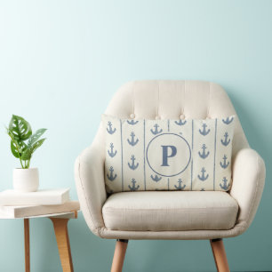 Nautical Anchor and Rope Stripes   Monogram Lumbar Cushion
