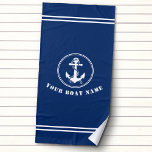 Nautical Anchor and Rope with Boat Name Navy Blue Beach Towel<br><div class="desc">Rustic Nautical Anchor and Rope with Your Custom Boat Name Navy Blue Beach Towel. This personalised towel will not just keep you dry but also is a fun conversation piece. Makes a great gift item for any occasion.</div>
