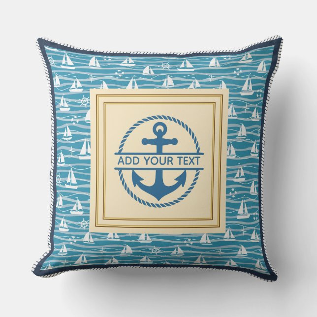 Nautical Anchor and Sailboat Pattern Personalised Cushion (Front)