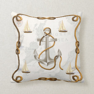 Nautical Anchor and Sailboats Throw Pillow