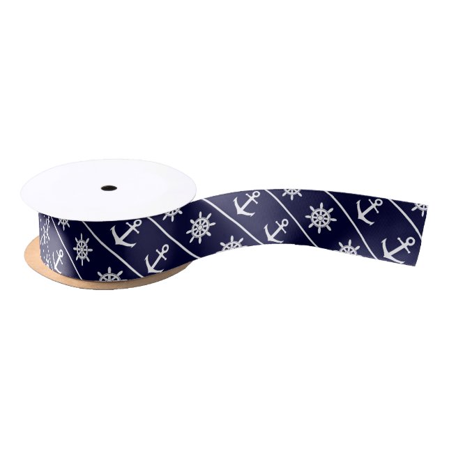 Nautical anchor and ship's wheel custom background satin ribbon (Spool)