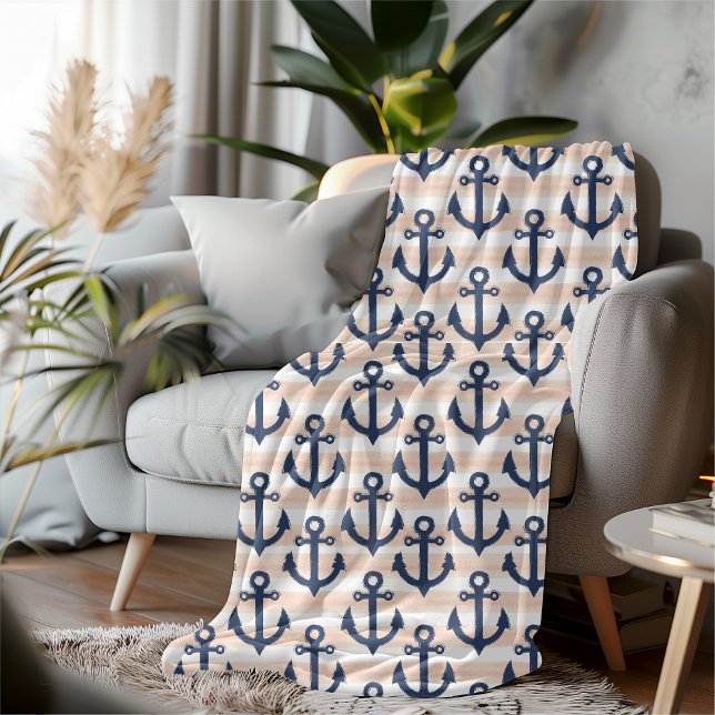 Nautical Anchor and Stripes Watercolor Fleece Blanket (Creator Uploaded)