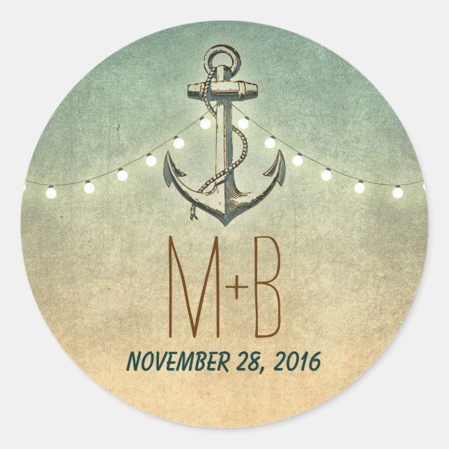 nautical anchor and wedding lights classic round sticker (Front)