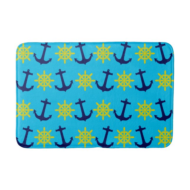 Nautical Anchor and Wheel Pattern On Aqua Blue Bath Mat (Front)
