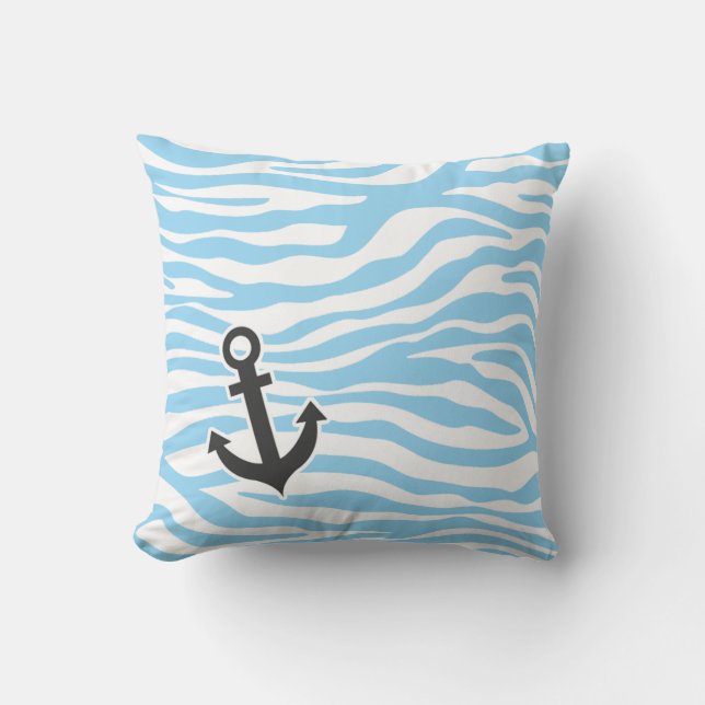 Nautical Anchor; Baby Blue Zebra Animal Print Cushion (Front)
