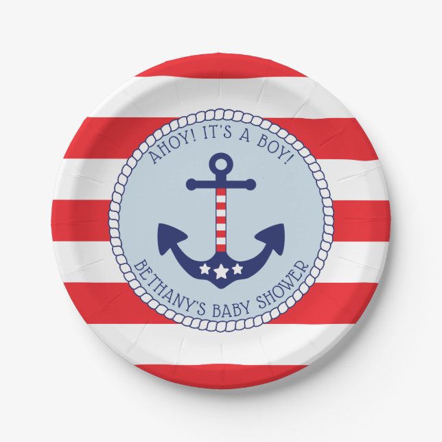 Nautical Anchor Baby Shower Boy Patriotic Paper Plate (Front)