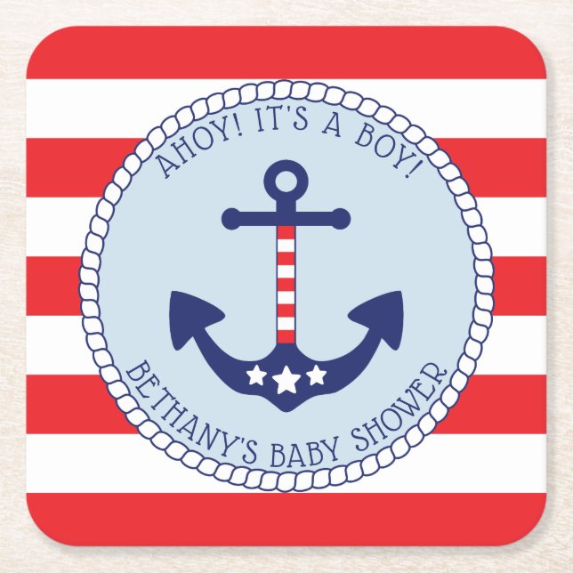 Nautical Anchor Baby Shower Boy Patriotic Square Paper Coaster (Front)
