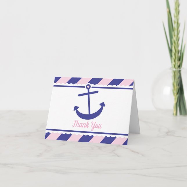 Nautical Anchor Baby Shower Thank You pink navy Card (Front)