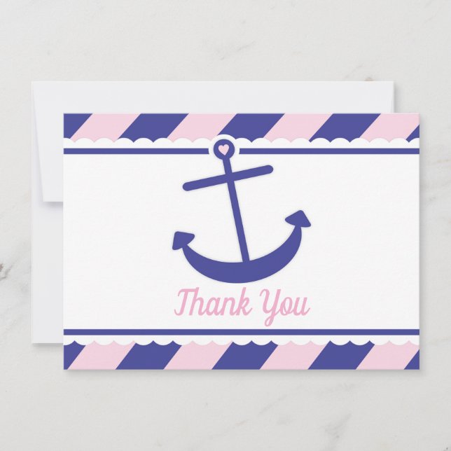 Nautical Anchor Baby Shower Thank You pink navy Card (Front)