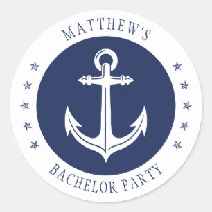 Nautical Anchor Bachelor Party Blue & White Classic Round Sticker