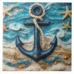 Nautical Anchor Beach Ceramic Tile<br><div class="desc">Bring the beauty of the sea to your space with this stunning nautical decorative tile, featuring a bold navy anchor against swirling aqua waves, sparkling sand, and delicate starfish accents. The rope detail and glitter-like texture give it a lifelike, dimensional look that captures the magic of the coast. Whether displayed...</div>