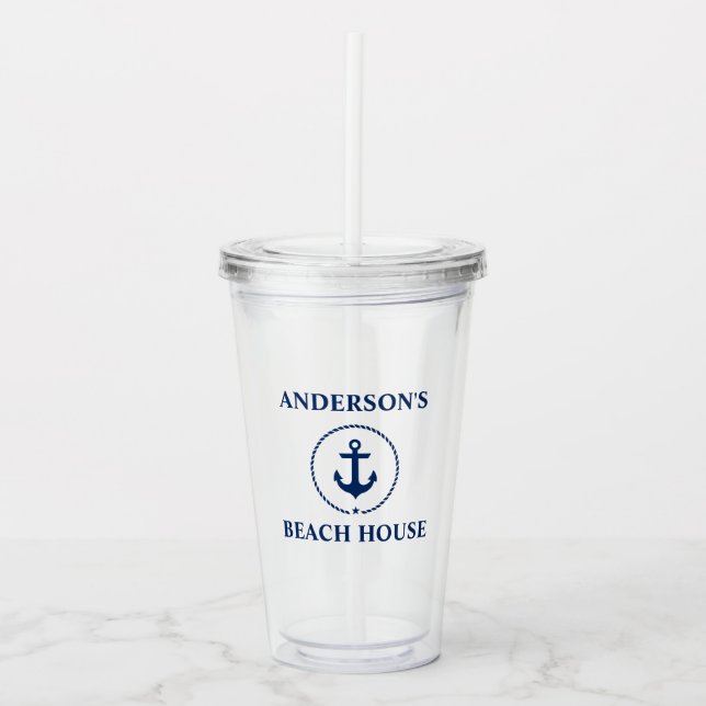 Nautical Anchor Beach House Name Acrylic Tumbler (Front)