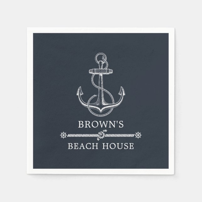 Nautical Anchor Beach or Lake House Family Name Napkin (Front)