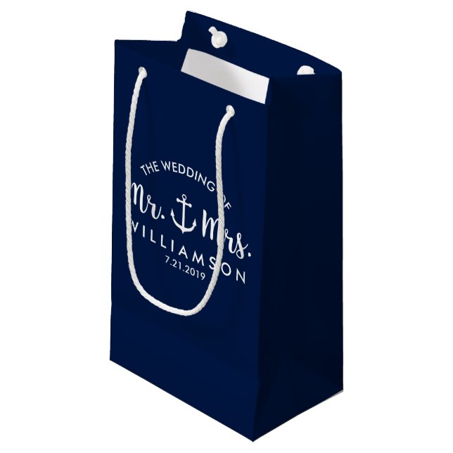 Nautical Anchor  Beach Wedding Personalised Favour Small Gift Bag (Front Angled)