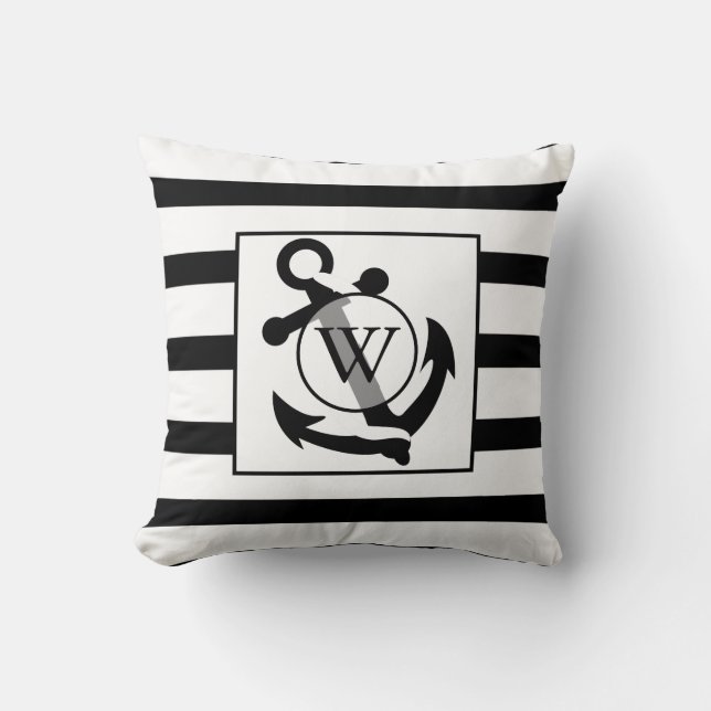 Nautical Anchor Black and White Monogram Stripes Cushion (Front)