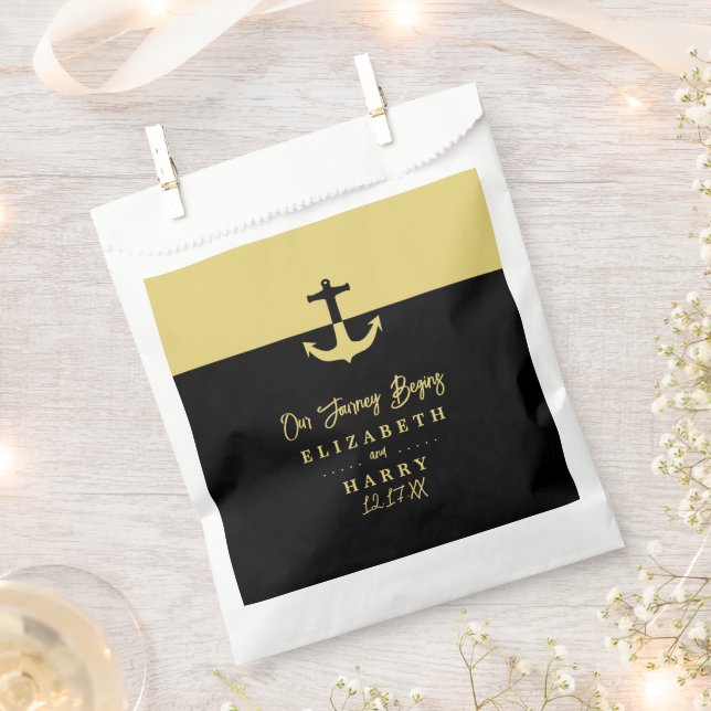 Nautical Anchor - Black Gold - Beach Wedding Favour Bag (Clipped)