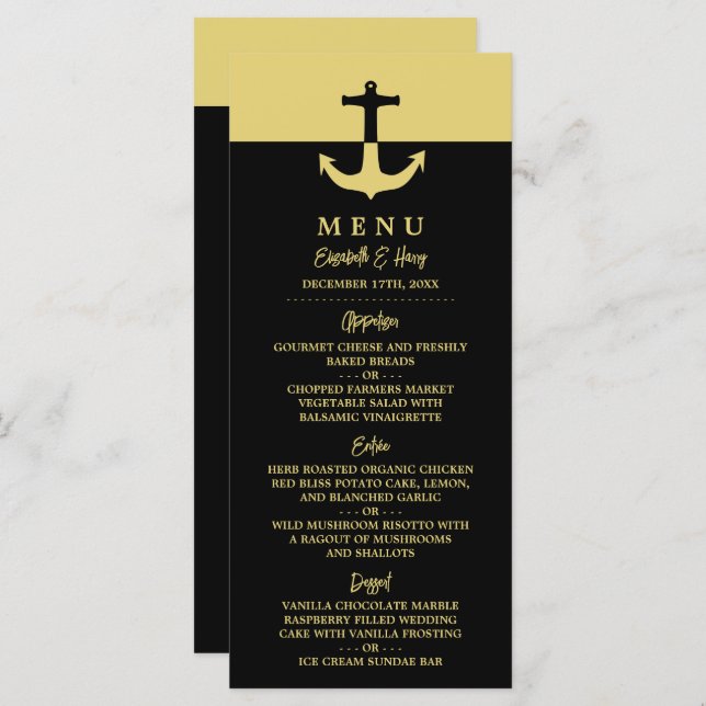 Nautical Anchor - Black Gold - Beach Wedding Menu (Front/Back)