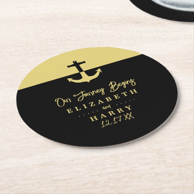 Nautical Anchor - Black Gold - Beach Wedding Round Paper Coaster (Angled)