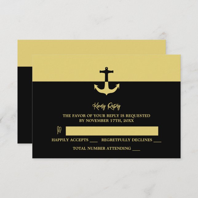 Nautical Anchor - Black Gold - Beach Wedding RSVP Card (Front/Back)