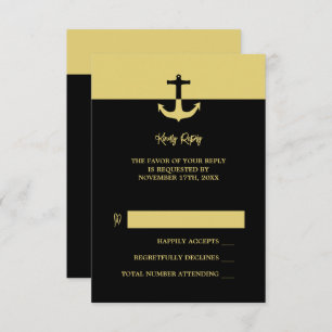 Nautical Anchor - Black Gold - Beach Wedding RSVP Card