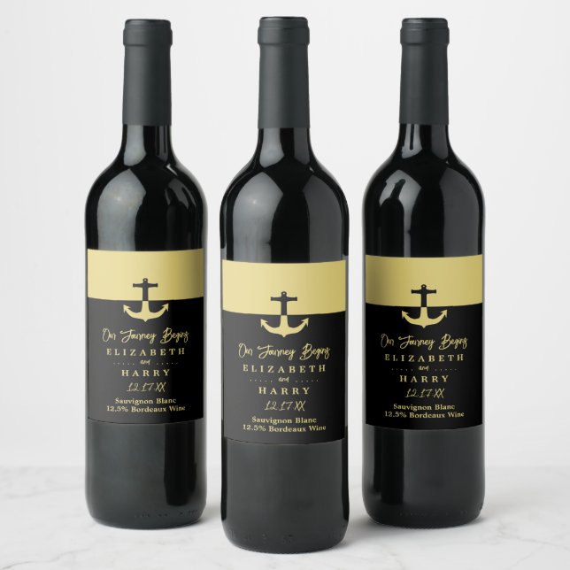 Nautical Anchor - Black Gold - Beach Wedding Wine Label (Bottles)