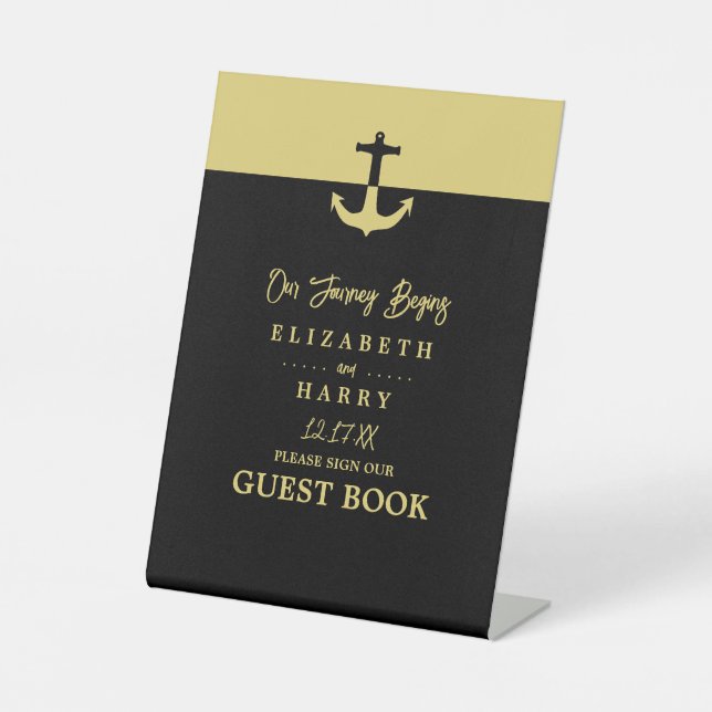 Nautical Anchor - Black Gold - Wedding Pedestal Sign (Front)