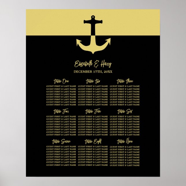 Nautical Anchor, Black Gold, Wedding Seating Chart (Front)