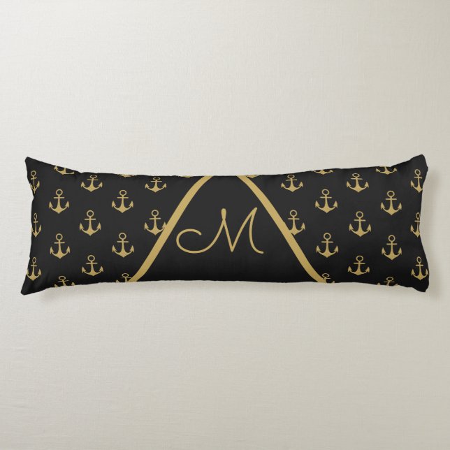 Nautical Anchor Black Monogram Body Pillow (Front)
