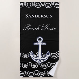 Nautical Anchor Black White Beach House Monogram  Beach Towel