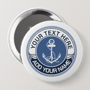 Nautical Anchor Blue and White Rope Border Pinback 10 Cm Round Badge