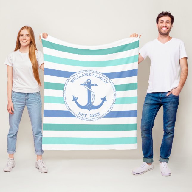 Nautical Anchor Blue Aqua Stripe Family Monogram Fleece Blanket (In Situ)