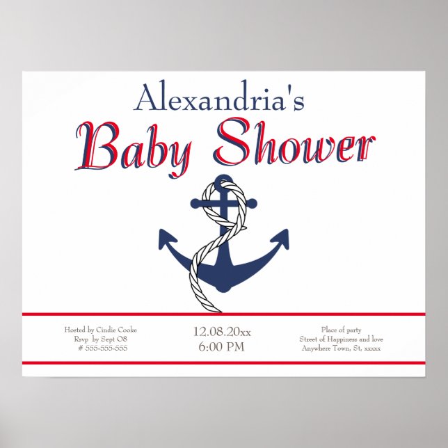 Nautical Anchor Blue Baby Shower invitation Poster (Front)