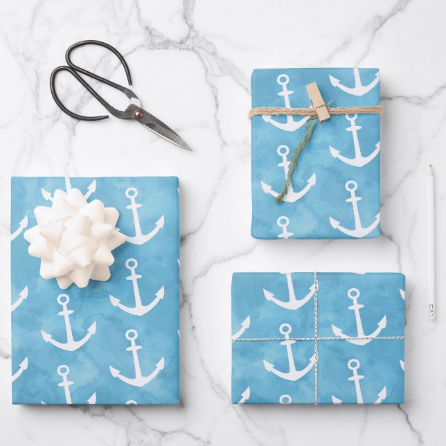 Nautical Anchor Blue Baby Shower Wrapping Paper Sheet (Front)