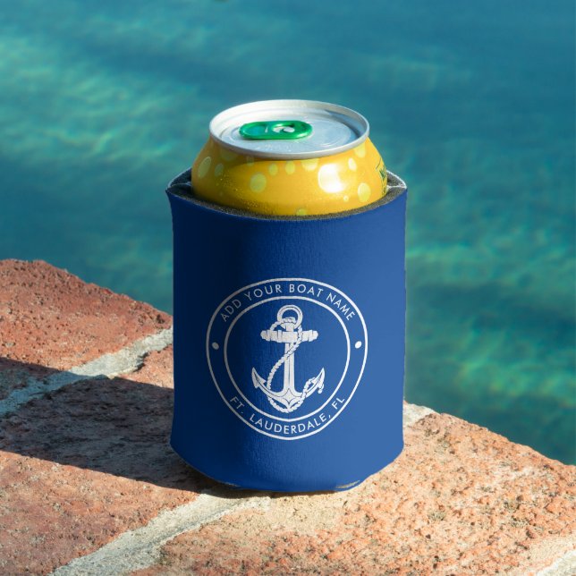 Nautical Anchor Blue Boat Name Custom Can Cooler (In Situ Pool)