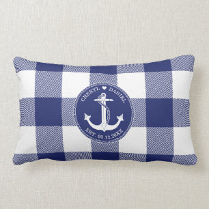 Nautical Anchor Blue Buffalo Plaid Wedding Lumbar Cushion
