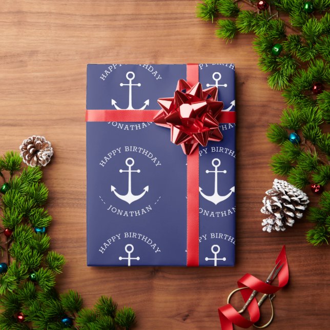 Nautical anchor blue custom name text Birthday Wrapping Paper (Holiday Gift)