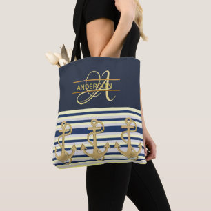 Nautical Anchor Blue Gold MONOGRAM Tote Bag