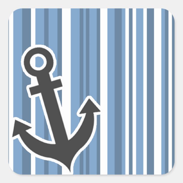 Nautical Anchor; Blue-Grey Stripes; Striped Square Sticker (Front)