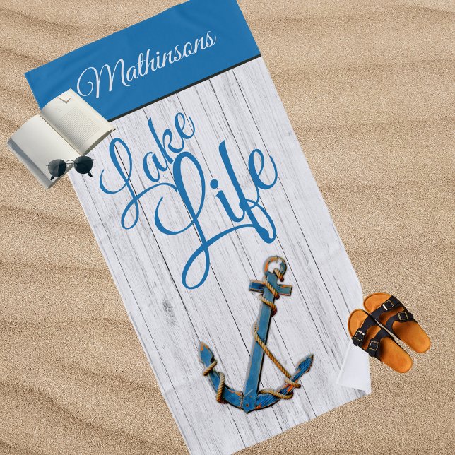 Nautical Anchor Blue Lake Life Family Monogram  Beach Towel (Creator Uploaded)