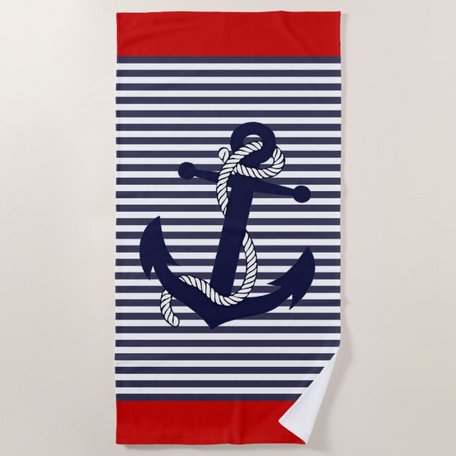 Nautical Anchor Blue Red White Stripes Pattern Beach Towel (Front)