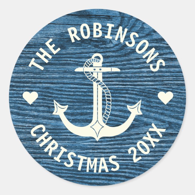 Nautical Anchor Blue Rustic Family Name Christmas Classic Round Sticker (Front)
