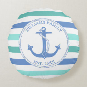 Nautical Anchor Blue Stripe Family Monogram Round Cushion