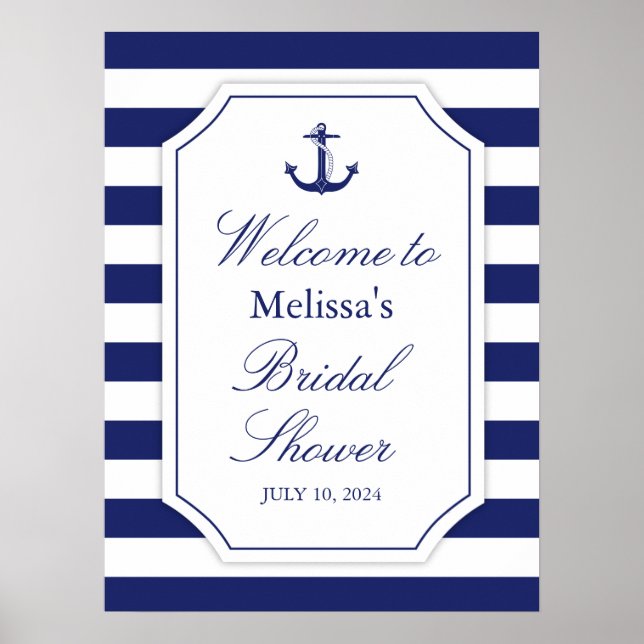 Nautical Anchor Blue Stripe Large Bridal Shower  Poster (Front)