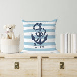 Nautical Anchor & Blue Stripe Personalised Cushion<br><div class="desc">Design features a classic navy blue anchor and rope illustration on a light blue and white stripe background. Personalise with a name or text of your choice, or simply delete the sample text to leave blank. Perfect for beach houses, summer patios or nautical themed nurseries. Coordinating accessories available in our...</div>