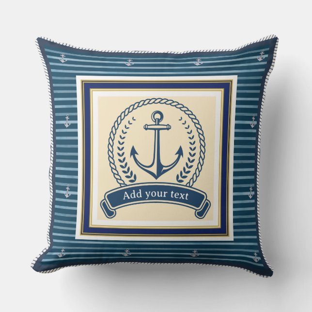 Nautical Anchor Blue Striped Custom Text Cushion (Front)